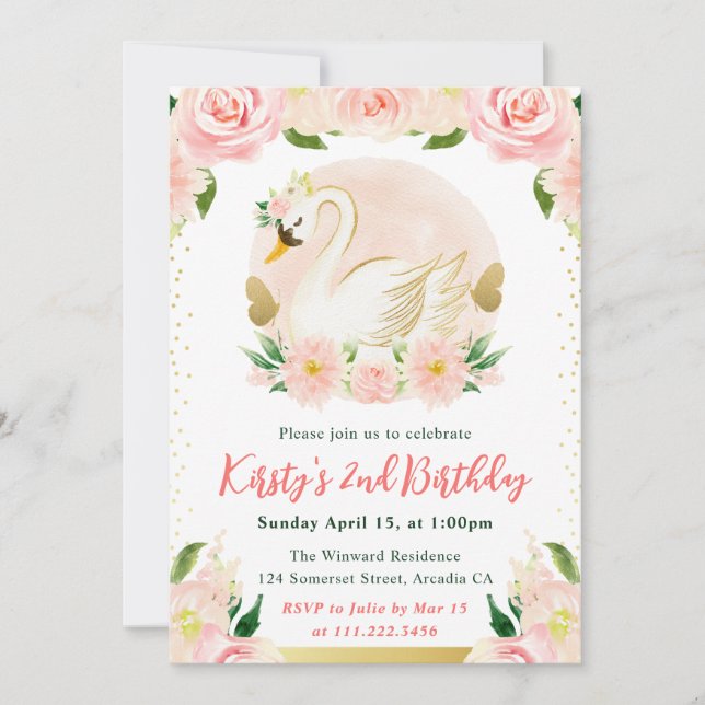 Invitación Flores rosadas de acuarela y cumpleaños de cisne (Anverso)