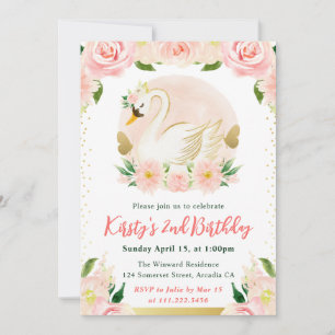 Invitación Flores rosadas de acuarela y cumpleaños de cisne