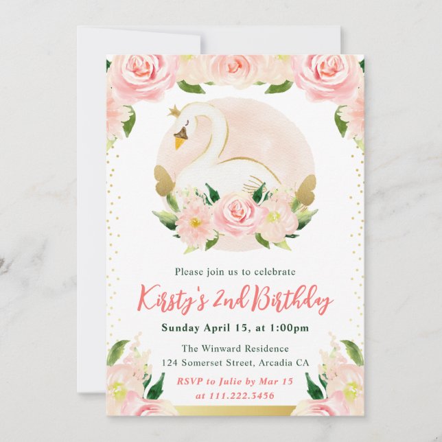 Invitación Flores rosadas de acuarela y cumpleaños de cisne (Anverso)