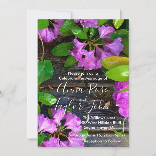 Invitación Flores rosadas de Azaleas, grano de madera rústico (Anverso)