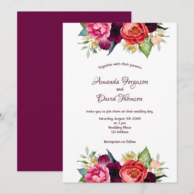 Invitación Flores rosadas de Borgoña caen boda blanco (Anverso / Reverso)