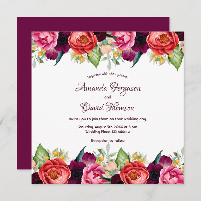 Invitación Flores rosadas de Borgoña caen boda blanco (Anverso / Reverso)