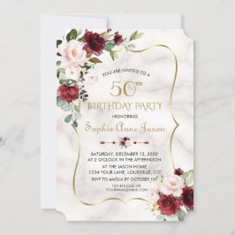 Invitación Flores rosadas de Borgoña Mármol de Oro 50 cumplea