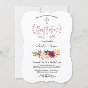 Invitación Flores rosadas de Borgoña Subió bautismo cruzado d