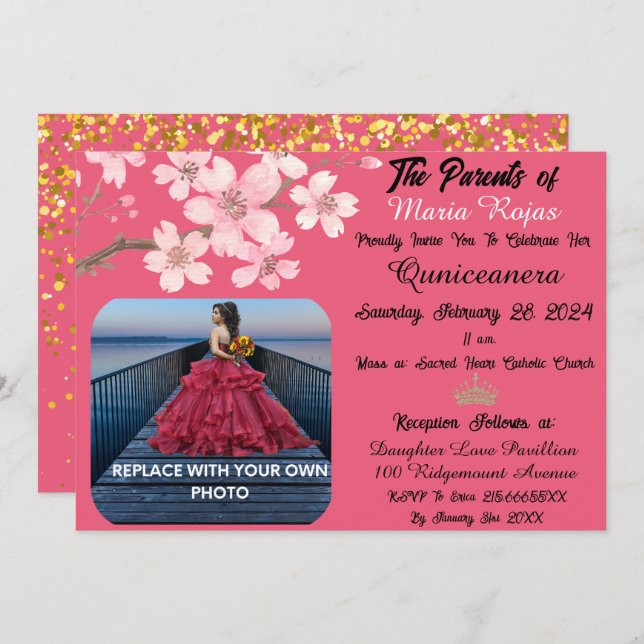 Invitación Flores rosadas de cerezo | Foto Quinceañera (Anverso / Reverso)