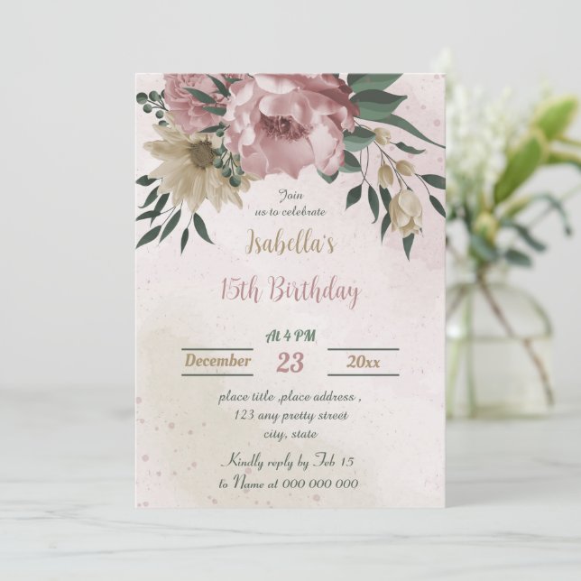 Invitación flores rosadas de champán cumpleaños botánico (Anverso de pie)
