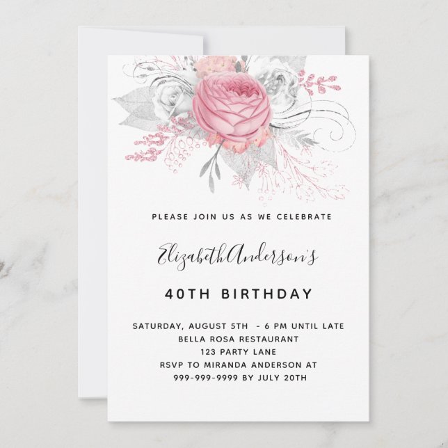 Invitación Flores rosadas de cumpleaños blanco elegante (Anverso)