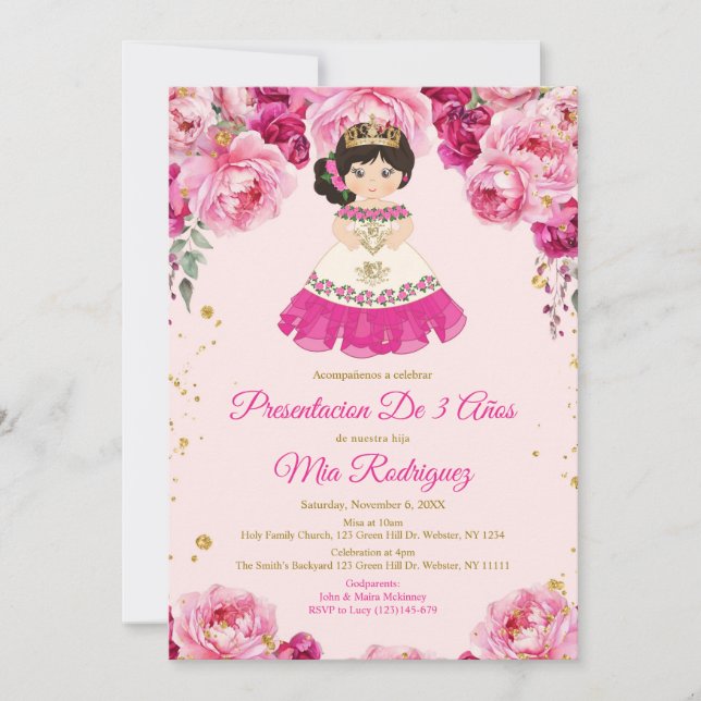 Invitación Flores rosadas de Fuschia y De Tres Años (Anverso)
