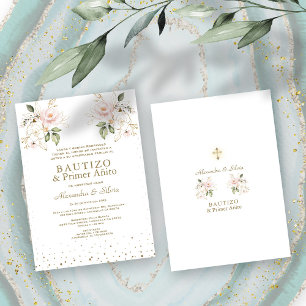 Invitación Flores rosadas de Gemelas Hijas Primer Añito Bauti