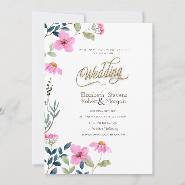 Invitación Flores Rosadas de Jardín Boda (Anverso)