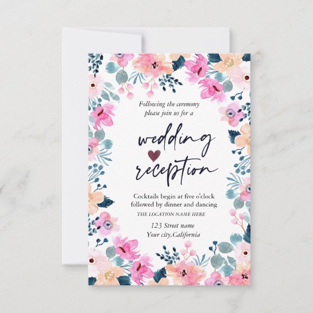 Invitación Flores Rosadas de Jardín Chic Recepción (Anverso)