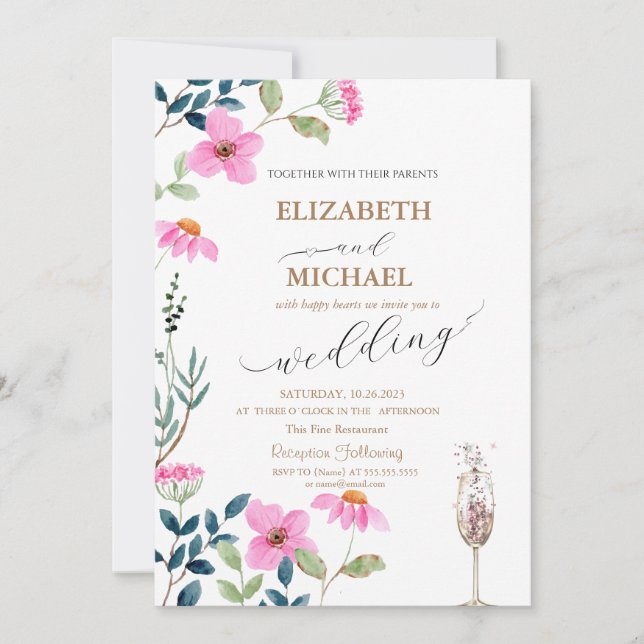 Invitación Flores Rosadas de Jardín Copa de Champán Boda (Anverso)