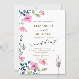 Invitación Flores Rosadas de Jardín Copa de Champán Boda