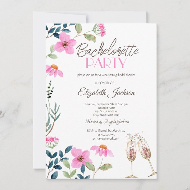 Invitación Flores Rosadas de Jardín  Despedida de Soltera (Anverso)