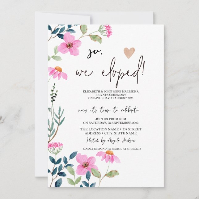 Invitación Flores Rosadas de Jardín Huida Romántica (Anverso)