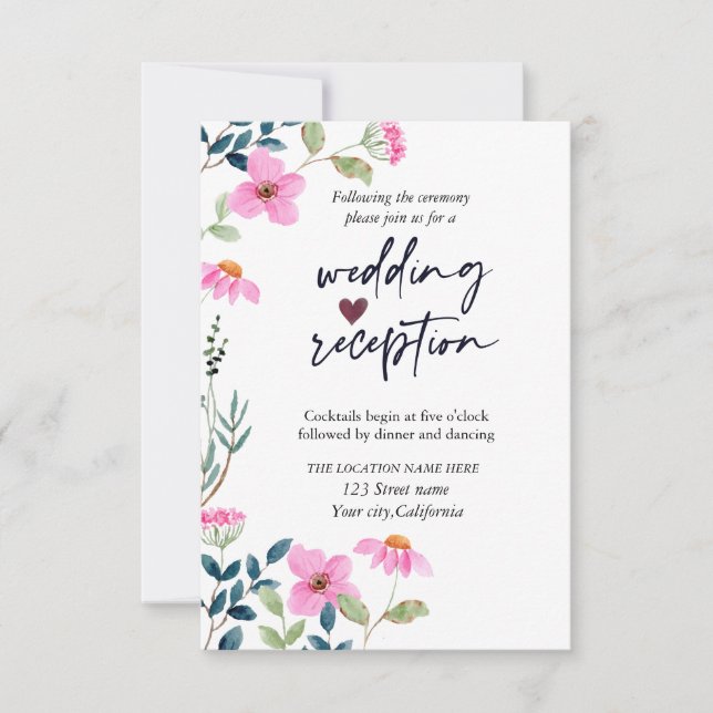 Invitación Flores Rosadas de Jardín  Recepción (Anverso)