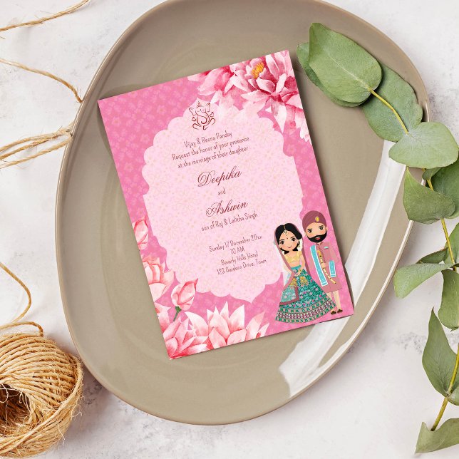 Invitación Flores rosadas de loto con una linda pareja de nov (Subido por el creador)