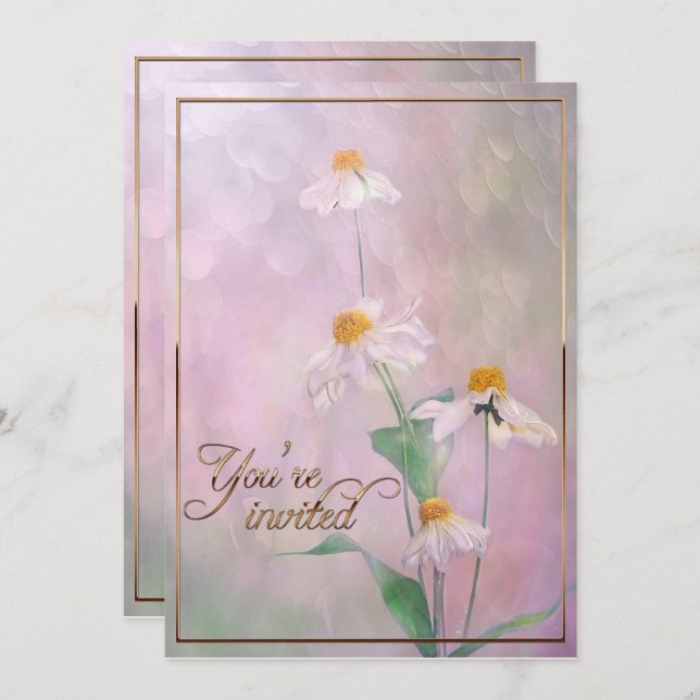 Invitación Flores rosadas de margarita/guarnición de oro (Anverso / Reverso)