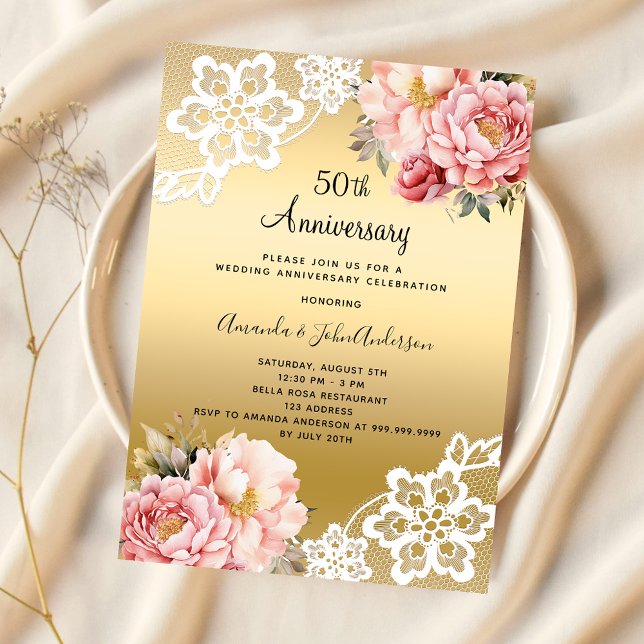 Invitación Flores rosadas de oro 50 aniversario boda (Subido por el creador)