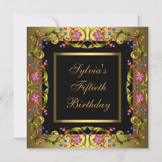 Invitación Flores rosadas de oro Mujeres 50 cumpleaños (Anverso)