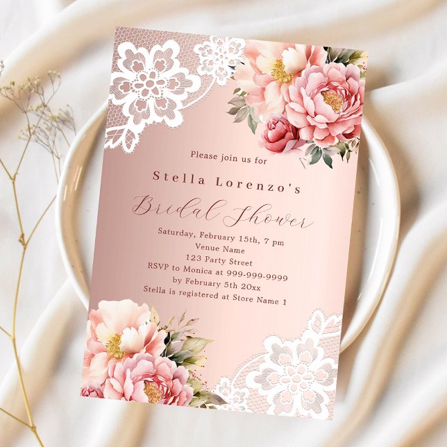Invitación Flores rosadas de oro rosa encaje Bridal Shower (Subido por el creador)