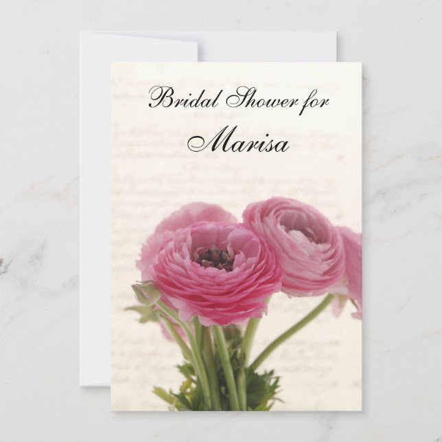 Invitación Flores rosadas de ranunculus en la ducha de novia  (Anverso)