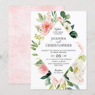 Invitación Flores Rosadas de Rosa Rubor Geométricas Modernas 