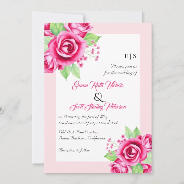 Invitación Flores rosadas de rosa y boda floral con código QR (Anverso)