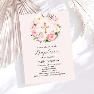 Invitación Flores rosadas de Rubor coronaron el bautismo chic