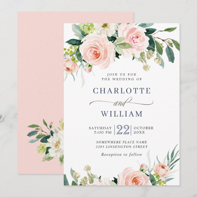 Invitación Flores Rosadas de Rubor Vegetación Acuarela Boda (Anverso / Reverso)