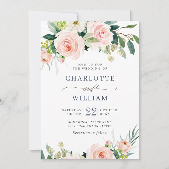 Invitación Flores Rosadas de Rubor Vegetación Acuarela Boda (Anverso)