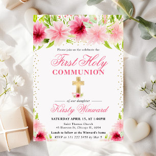 Invitación Flores rosadas de verano Primera Comunión