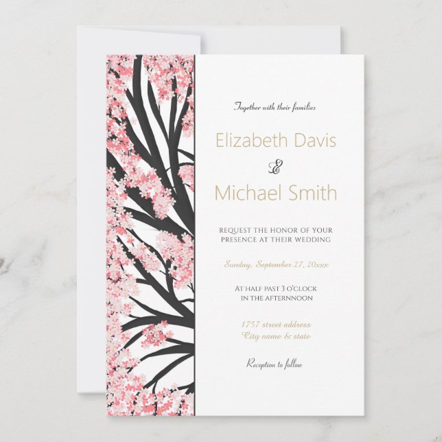 Invitación Flores rosadas del árbol de flores de cerezo (Anverso)