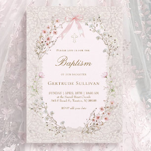 Invitación flores rosadas delicadas encaje marco Bautizo