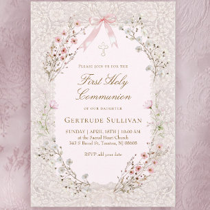 Invitación flores rosadas delicadas encaje marco Primera Comu