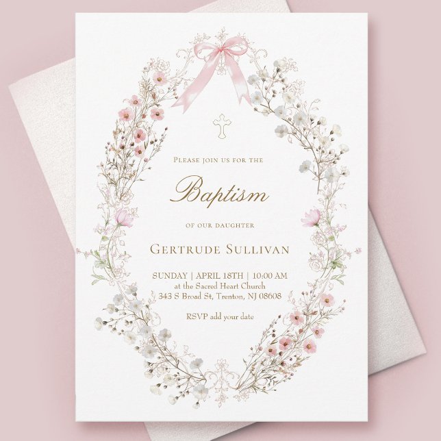 Invitación flores rosadas delicadas enmarcan el Bautizo (Subido por el creador)