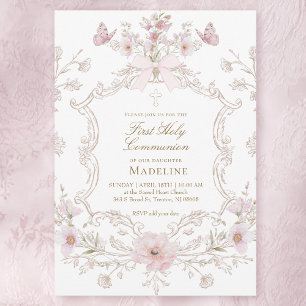 Invitación flores rosadas delicadas enmarcan la Primera Comun