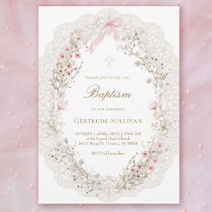 Invitación flores rosadas delicadas marco de encaje ovalado B
