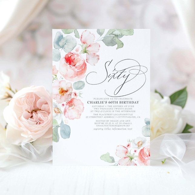 Invitación Flores rosadas Elegante Boho Sesenta y sesenta año (60th birthday invitations with pink flowers and eucalyptus greenery)