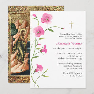Invitación Flores rosadas elegantes Bautismo cristiano ortodo