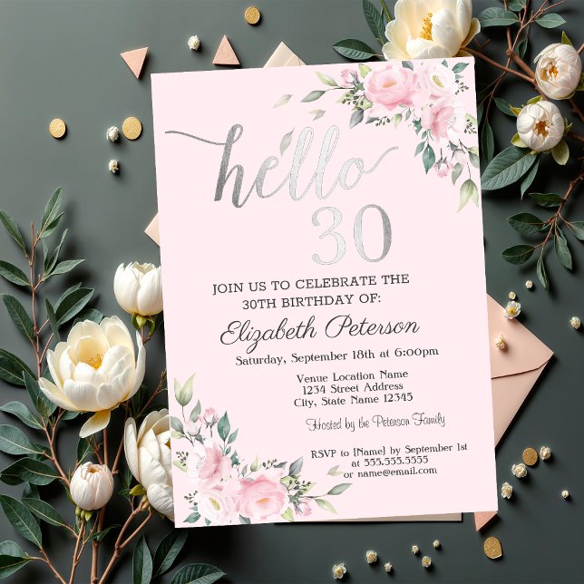Invitación Flores Rosadas Elegantes Cumpleaños 30 Plateado (Subido por el creador)