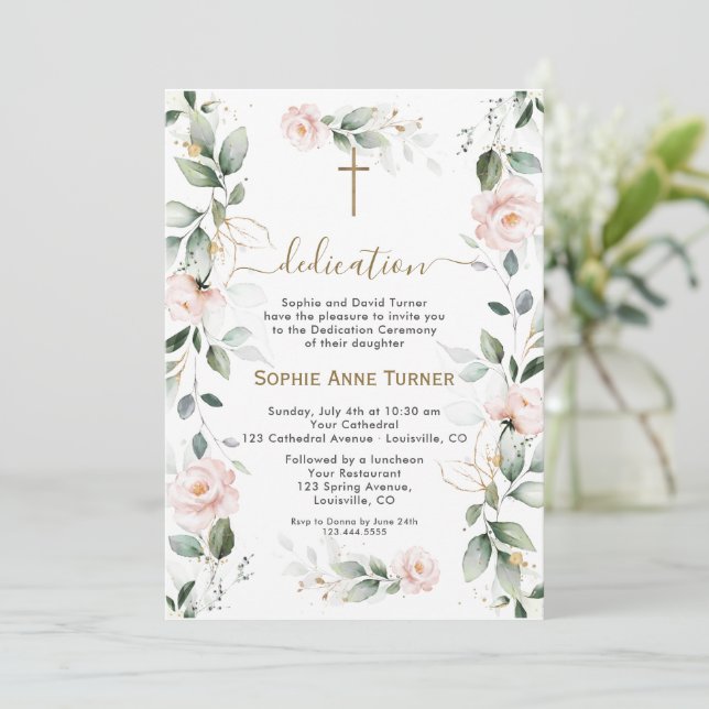 Invitación Flores rosadas elegantes, dedicación con vegetació (Anverso de pie)