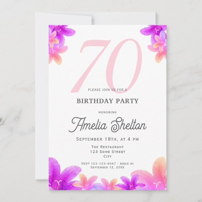 Invitación Flores rosadas elegantes, fiesta floral de cumplea (Anverso)