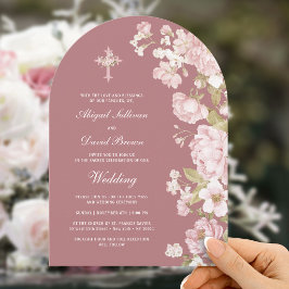 Invitación Flores Rosadas en Arco de Rosa Polvorienta Boda Re