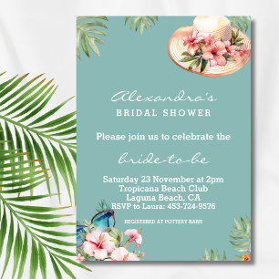 Invitación Flores rosadas en la playa Ducha tropical azul de 