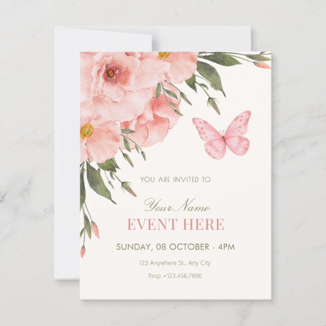 Invitación Flores rosadas florecen  (Anverso)