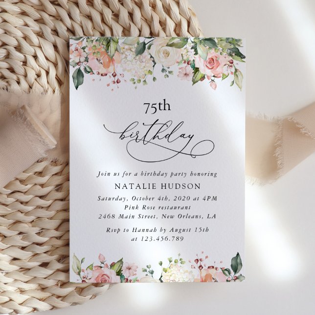Invitación Flores rosadas, flores blancas, Boho, Cumpleaños (Subido por el creador)
