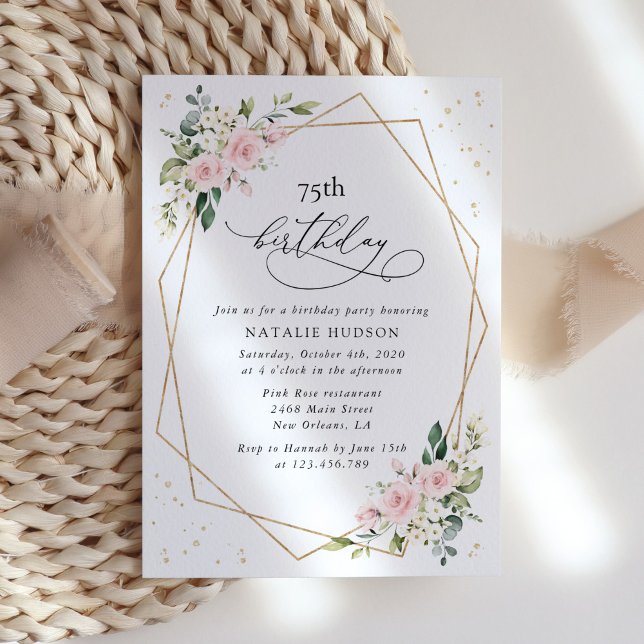 Invitación Flores rosadas, flores blancas, follaje, cumpleaño (Subido por el creador)