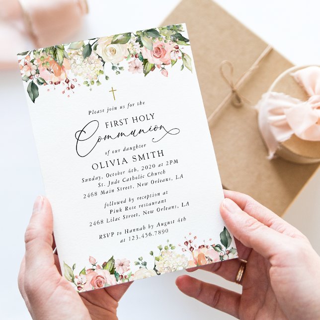 Invitación Flores rosadas, flores blancas, primera comunión (Subido por el creador)