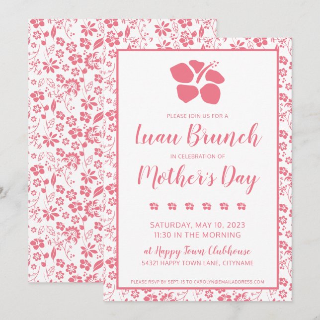 Invitación Flores rosadas hibiscus Brunch Luau Día de la Madr (Anverso / Reverso)